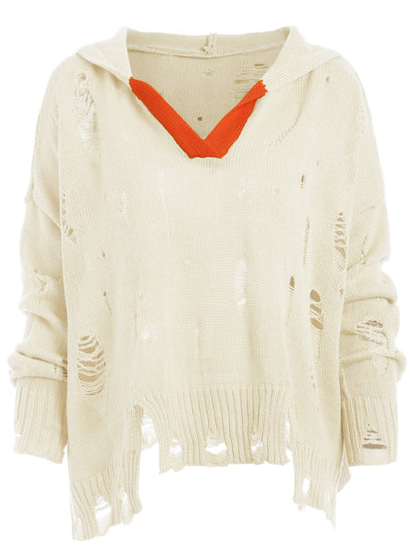 Drop Shoulder Distressed Hooded Sweater