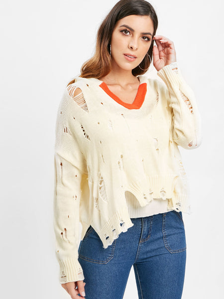 Drop Shoulder Distressed Hooded Sweater