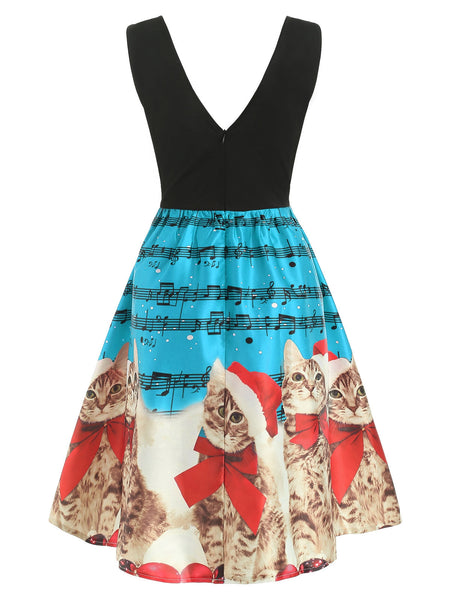 Christmas Cats Musical Notes Print Sleeveless Dress