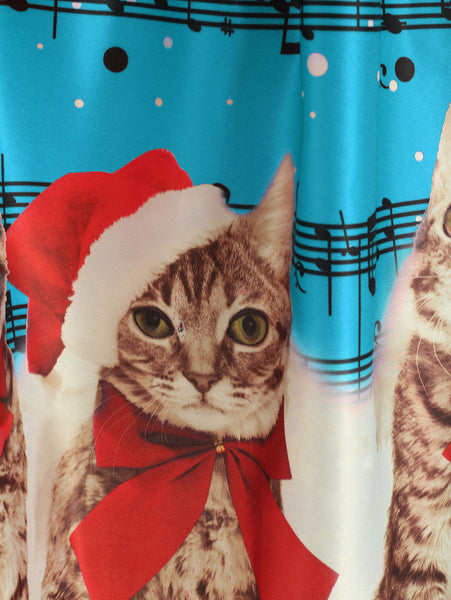 Christmas Cats Musical Notes Print Sleeveless Dress