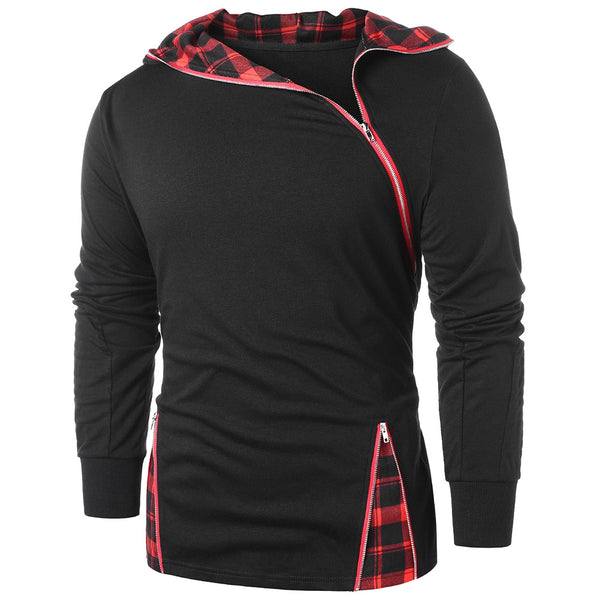 Zip Embellished Plaid Panel Hoodie