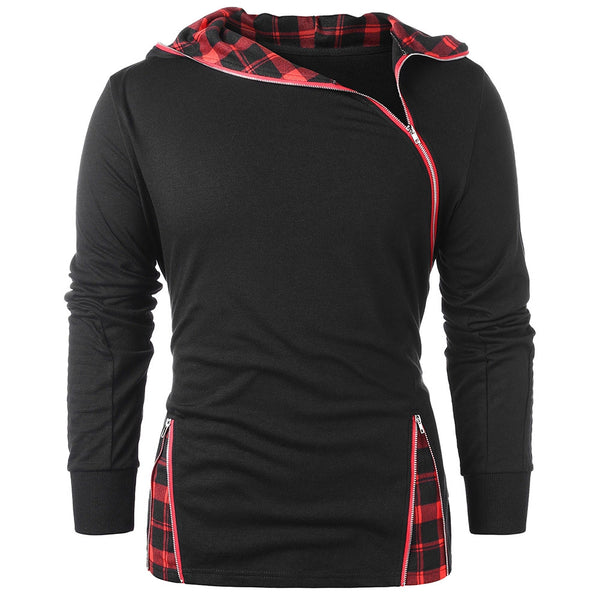 Zip Embellished Plaid Panel Hoodie