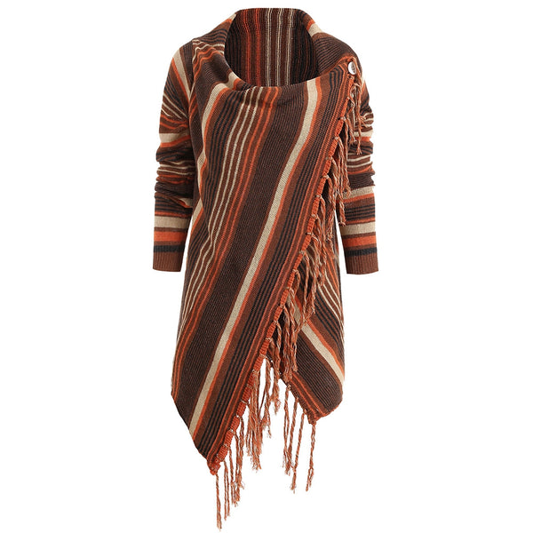 Asymmetrical Fringe Hem Striped Cardigan