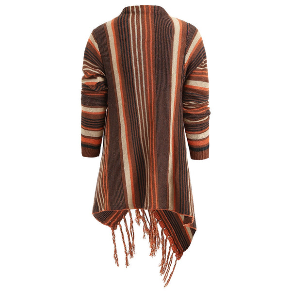 Asymmetrical Fringe Hem Striped Cardigan