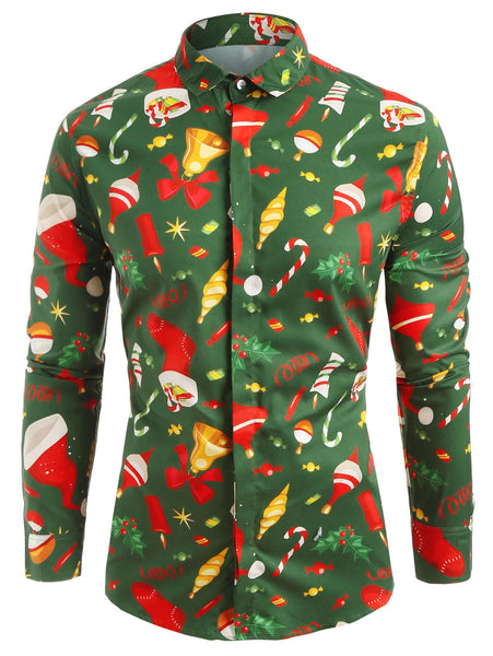 Christmas Elements Print Button Up Shirt