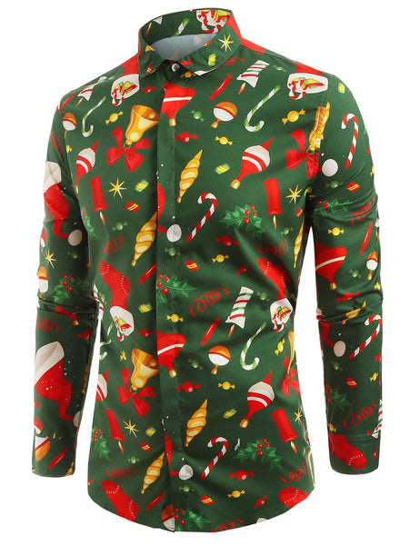 Christmas Elements Print Button Up Shirt