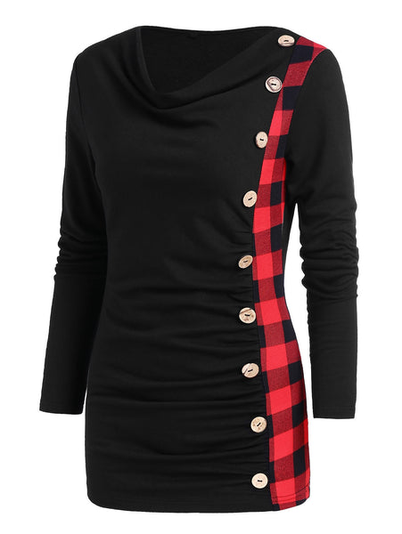 Tartan Panel Button Ruched Knitwear