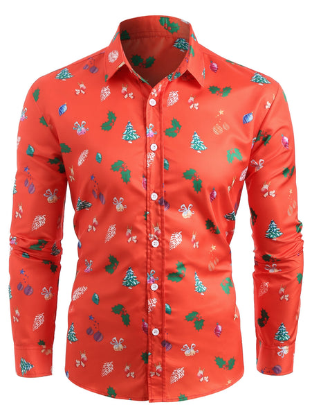 Turn Down Collar Christmas Tree Printed Shirt
