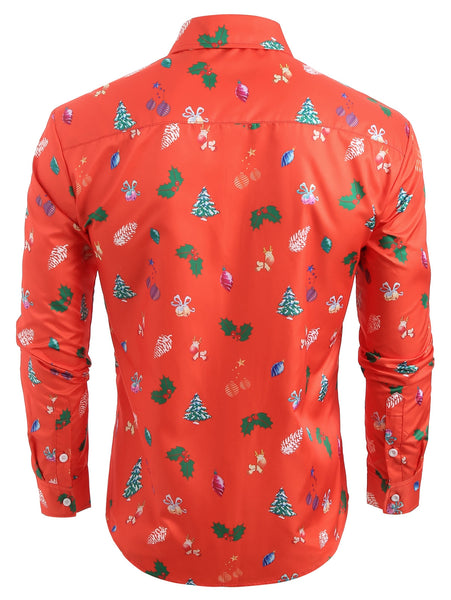 Turn Down Collar Christmas Tree Printed Shirt