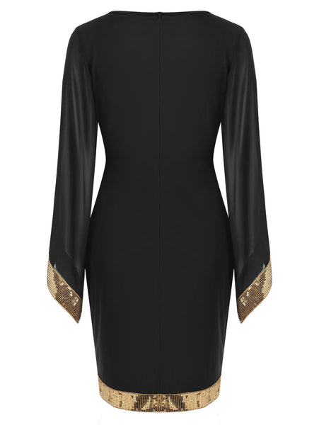Flare Sleeve Sequin Panel Sheath Dress