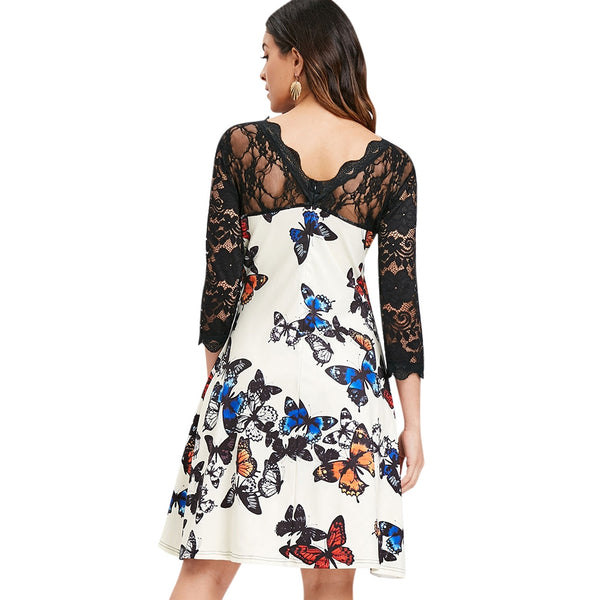 Lace Panel Butterflies Print Dress