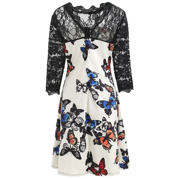 Lace Panel Butterflies Print Dress