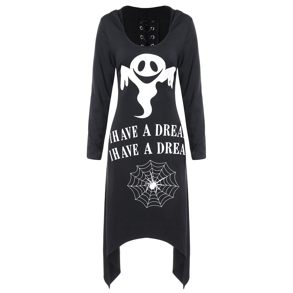 Halloween Asymmetric Lace Up Graphic Pullover Hoodie