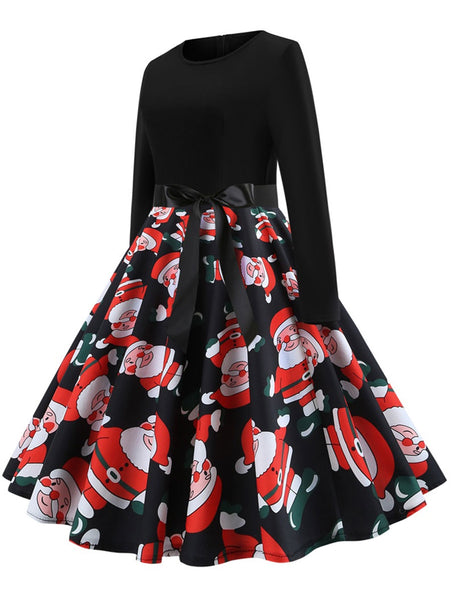 Christmas Print Stitching Long Sleeves and Large Dresses