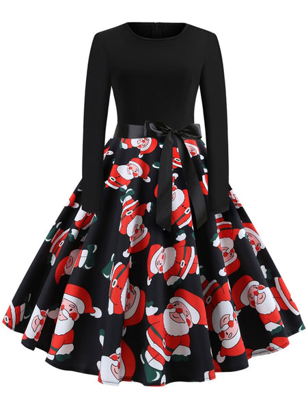 Christmas Print Stitching Long Sleeves and Large Dresses