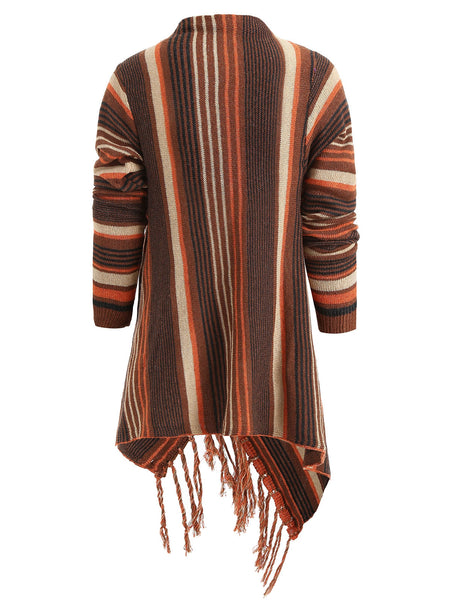 Asymmetrical Fringe Hem Striped Cardigan