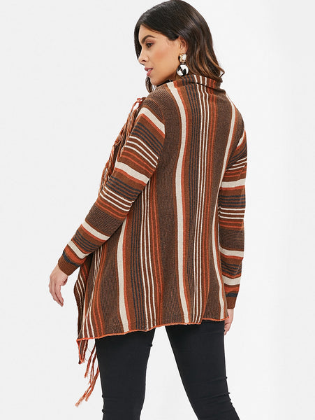 Asymmetrical Fringe Hem Striped Cardigan