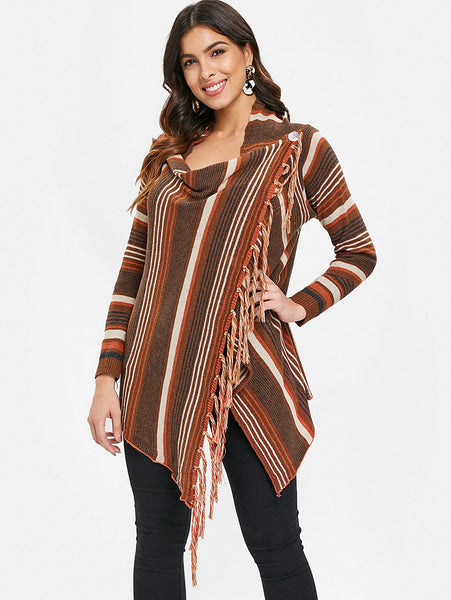 Asymmetrical Fringe Hem Striped Cardigan