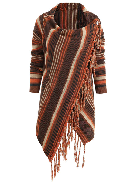 Asymmetrical Fringe Hem Striped Cardigan