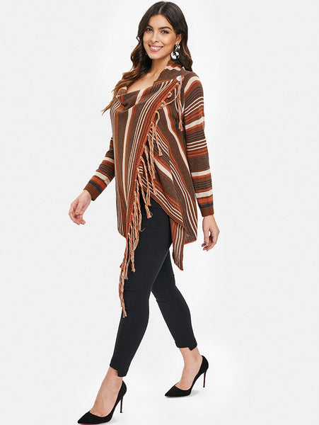 Asymmetrical Fringe Hem Striped Cardigan