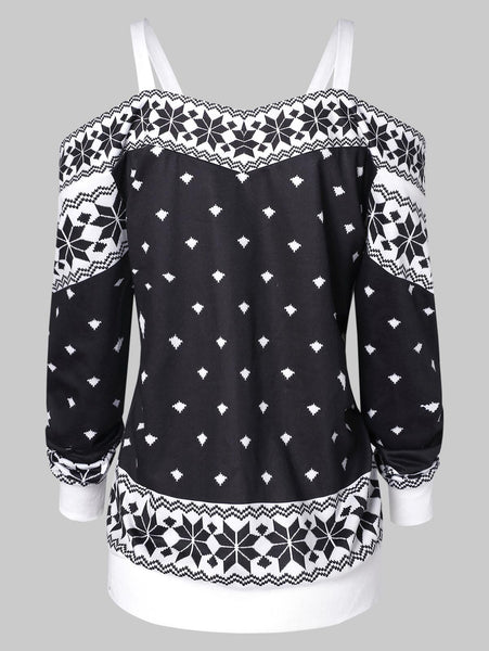 Snowflake Print Cold Shoulder Christmas T-shirt