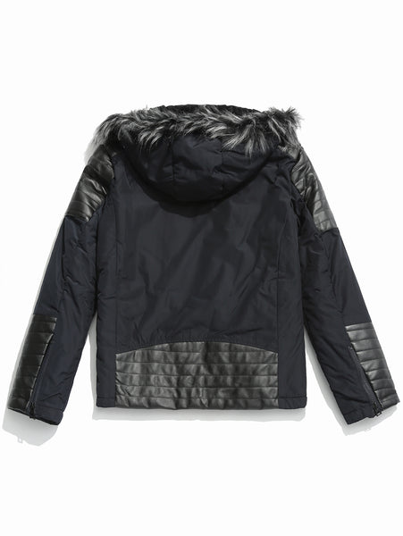 Zipper Faux Fur Hoodie Patchwork Parka Coat