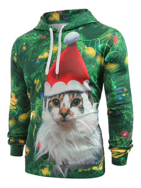 Cat with Christmas Hat Baubles Printed Casual Hoodie