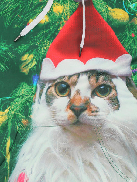 Cat with Christmas Hat Baubles Printed Casual Hoodie