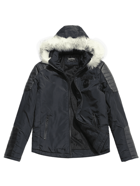 Faux Fur Applique Hoodie PU Parka Coat