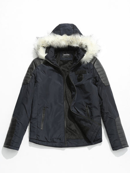 Faux Fur Applique Hoodie PU Parka Coat