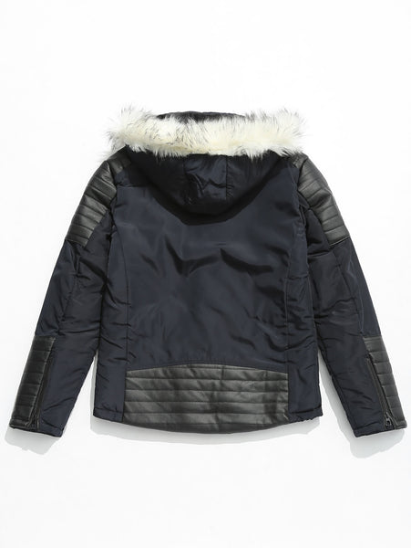 Faux Fur Applique Hoodie PU Parka Coat