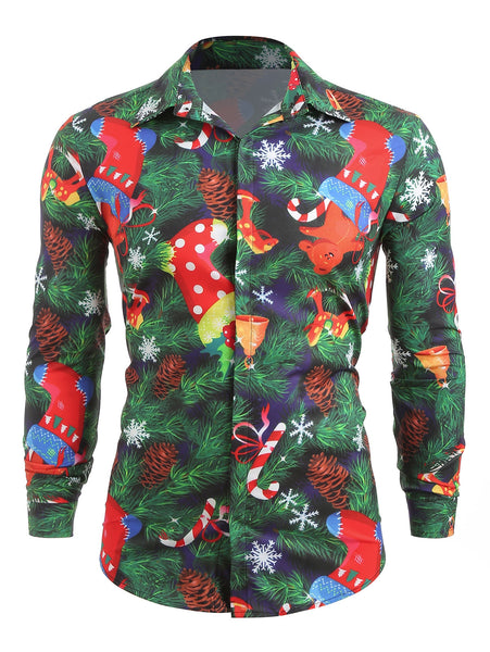 Christmas Theme Print Hidden Button Shirt