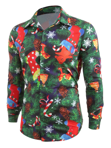 Christmas Theme Print Hidden Button Shirt