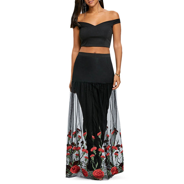 Bardot Floral Embroidery Two Piece Dress