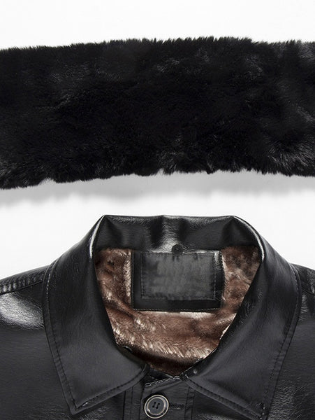 Fur Collar Fleece Button Fly PU Leather Jacket