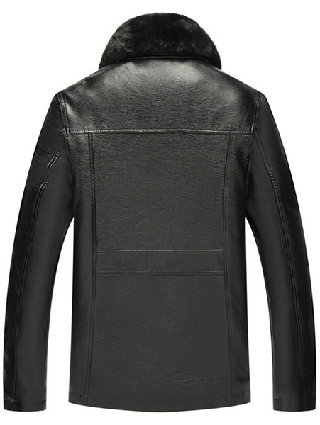 Fur Collar Fleece Button Fly PU Leather Jacket