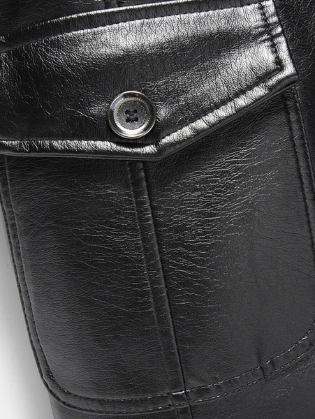 Fur Collar Fleece Button Fly PU Leather Jacket