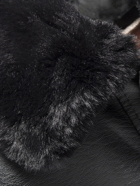 Fur Collar Fleece Button Fly PU Leather Jacket