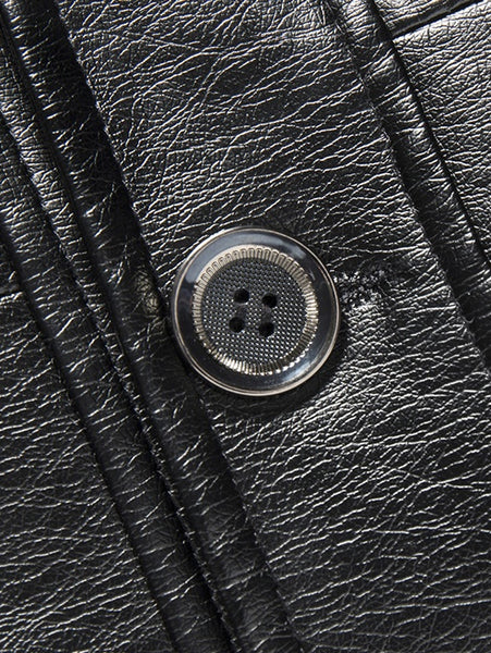 Fur Collar Fleece Button Fly PU Leather Jacket