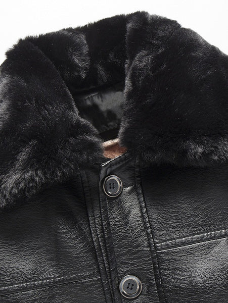 Fur Collar Fleece Button Fly PU Leather Jacket