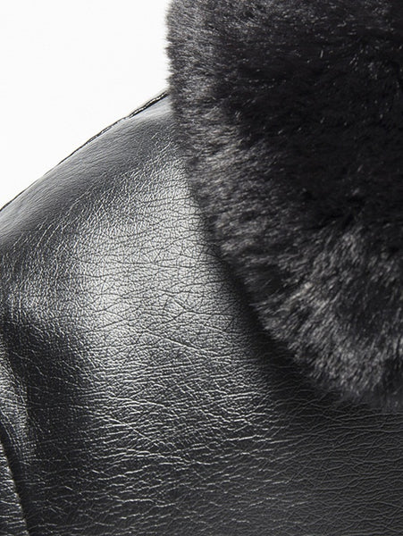 Fur Collar Fleece Button Fly PU Leather Jacket