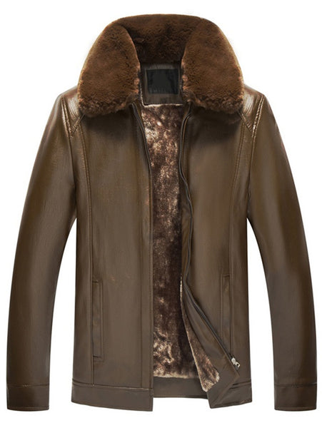 Zip Fly Fur Turn-down Collar PU Leather Jacket