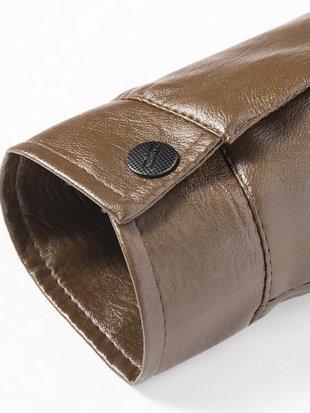 Zip Fly Fur Turn-down Collar PU Leather Jacket