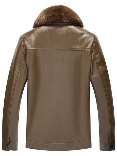 Zip Fly Fur Turn-down Collar PU Leather Jacket