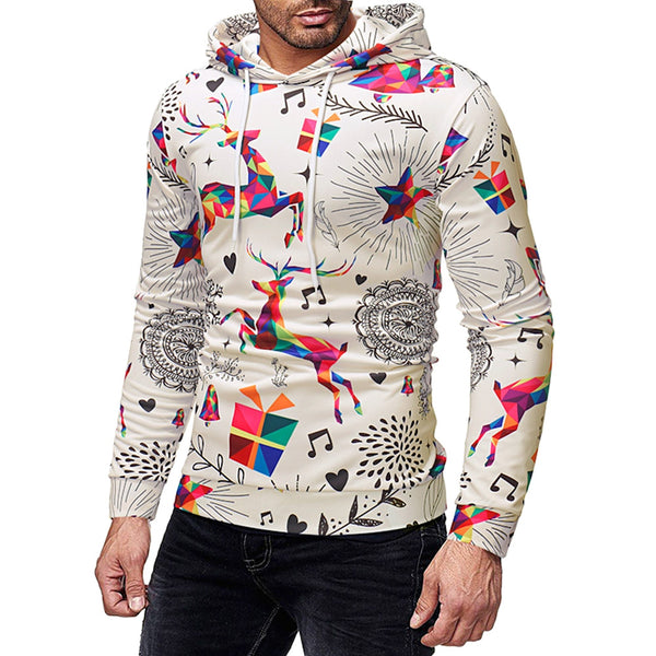 Drawstring Christmas Deer Print Hoodie