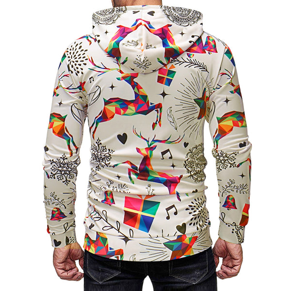 Drawstring Christmas Deer Print Hoodie