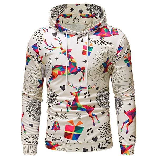 Drawstring Christmas Deer Print Hoodie