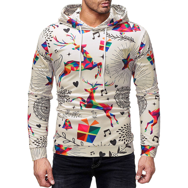 Drawstring Christmas Deer Print Hoodie