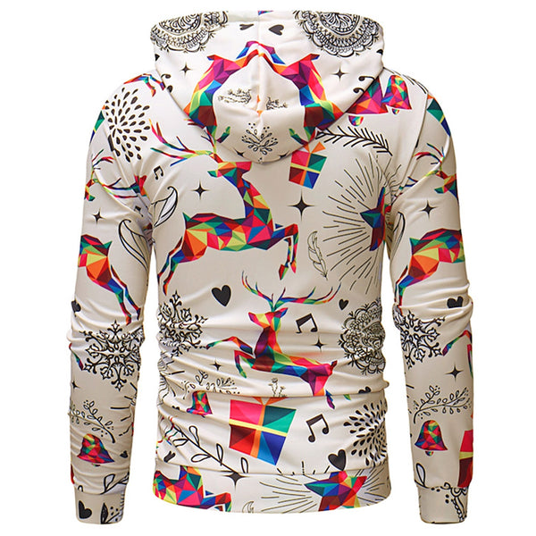 Drawstring Christmas Deer Print Hoodie
