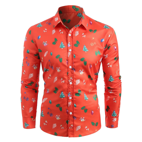 Turn Down Collar Christmas Tree Printed Shirt